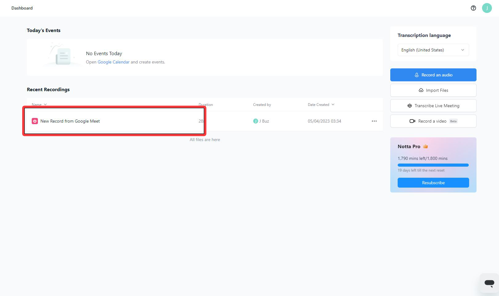 locate your transcription in the Notta dashboard