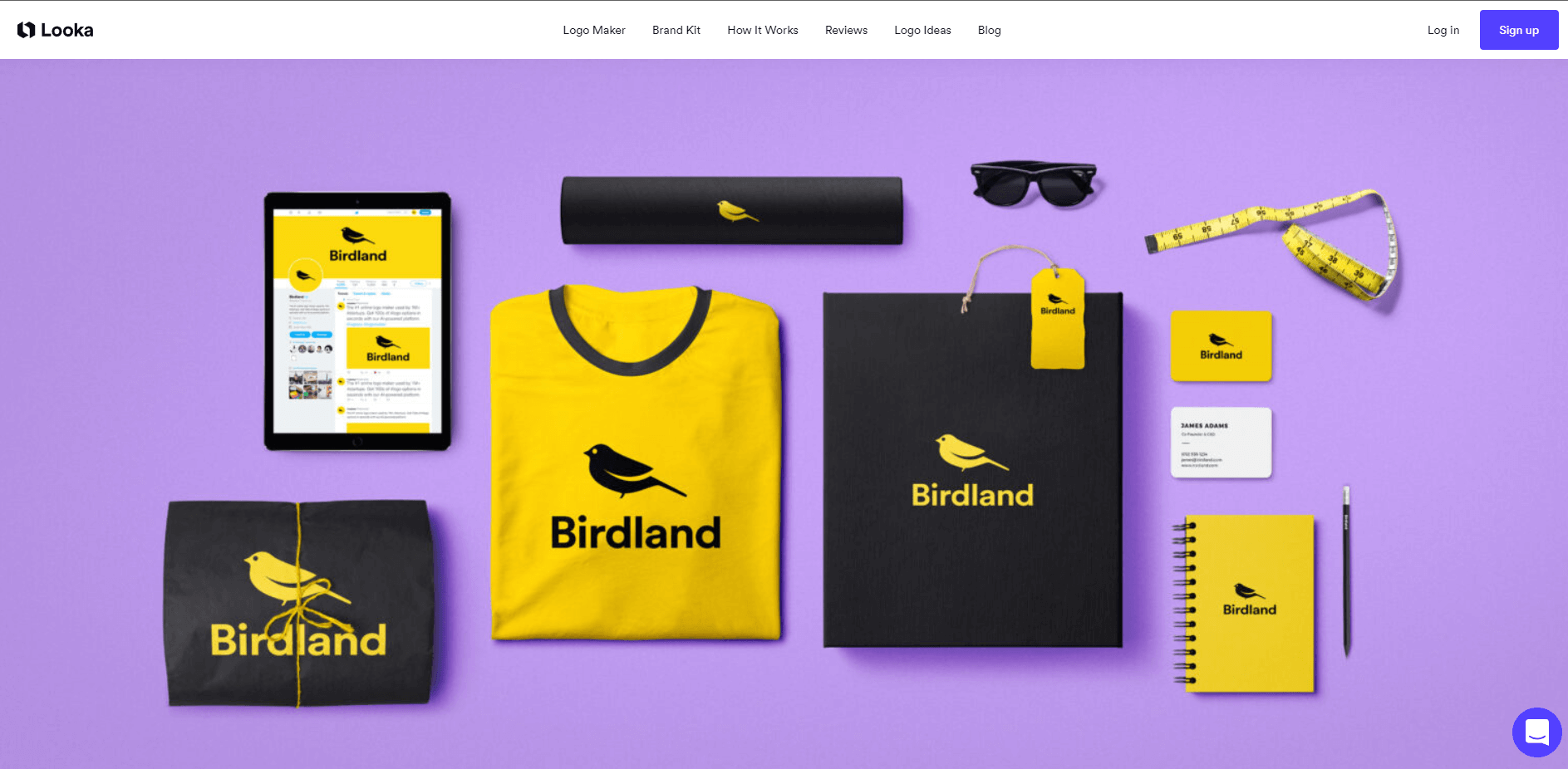Looka’s homepage showing an example of an AI-generated brand kit