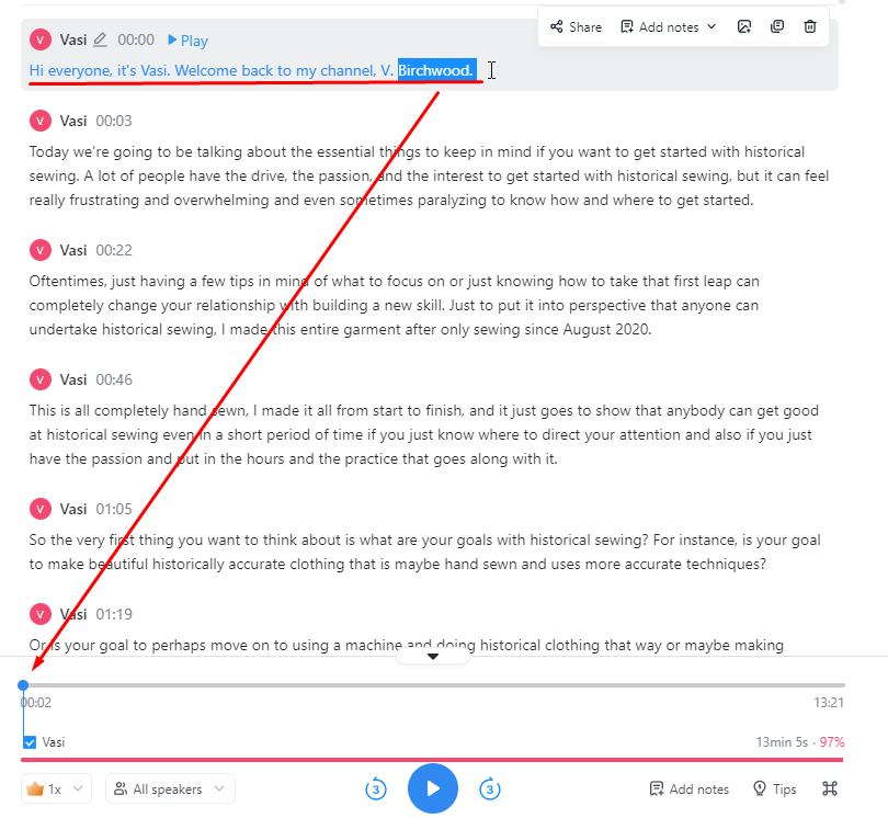 Make edits to the transcript text by typing them in