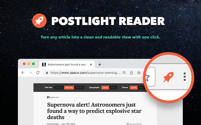 Marketing image for Postlight Reader emphasizing the ad remover at the top of the browser