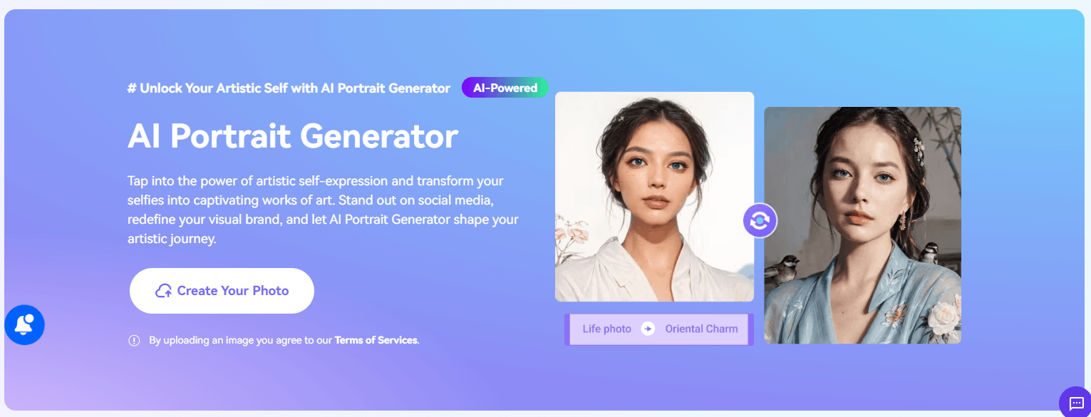 Media.io homepage showing examples of AI generated portrait photos