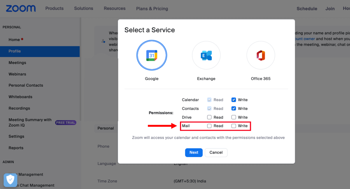 modify mail permissions