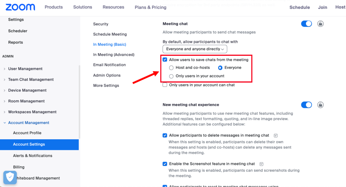 modify user settings to save chat in zoom meetings