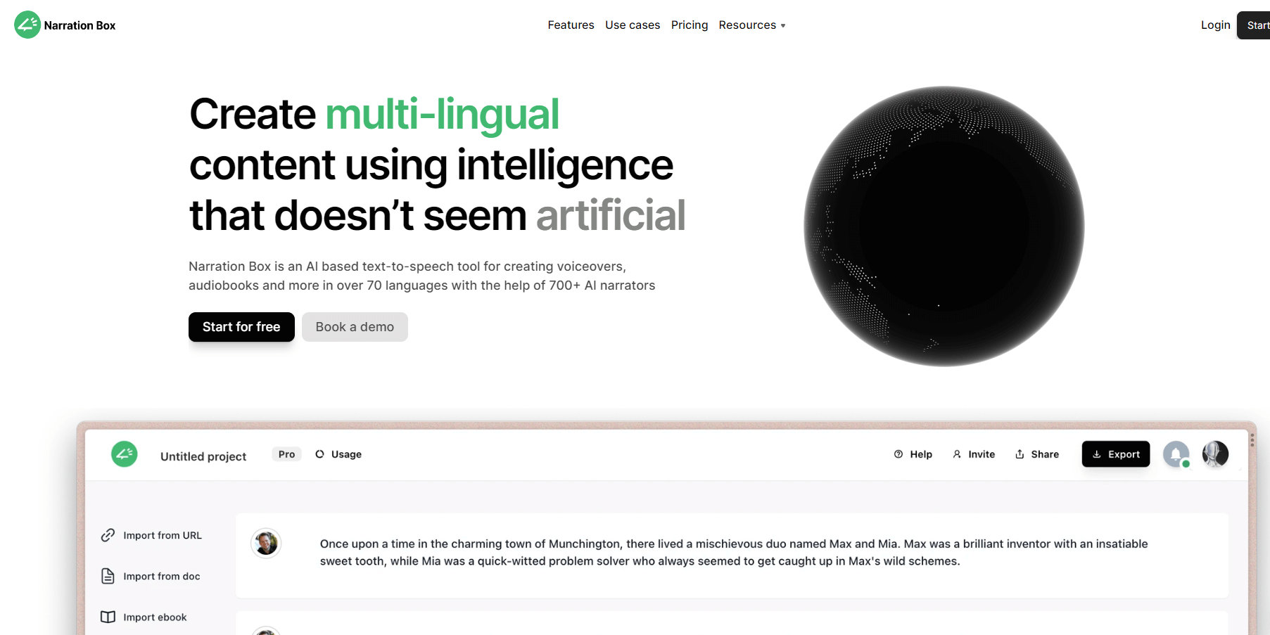 NarrationBox’s homepage with an example of the text to speech feature
