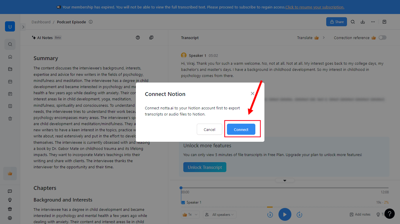 Click the blue Connect button to integrate Notta with Notion