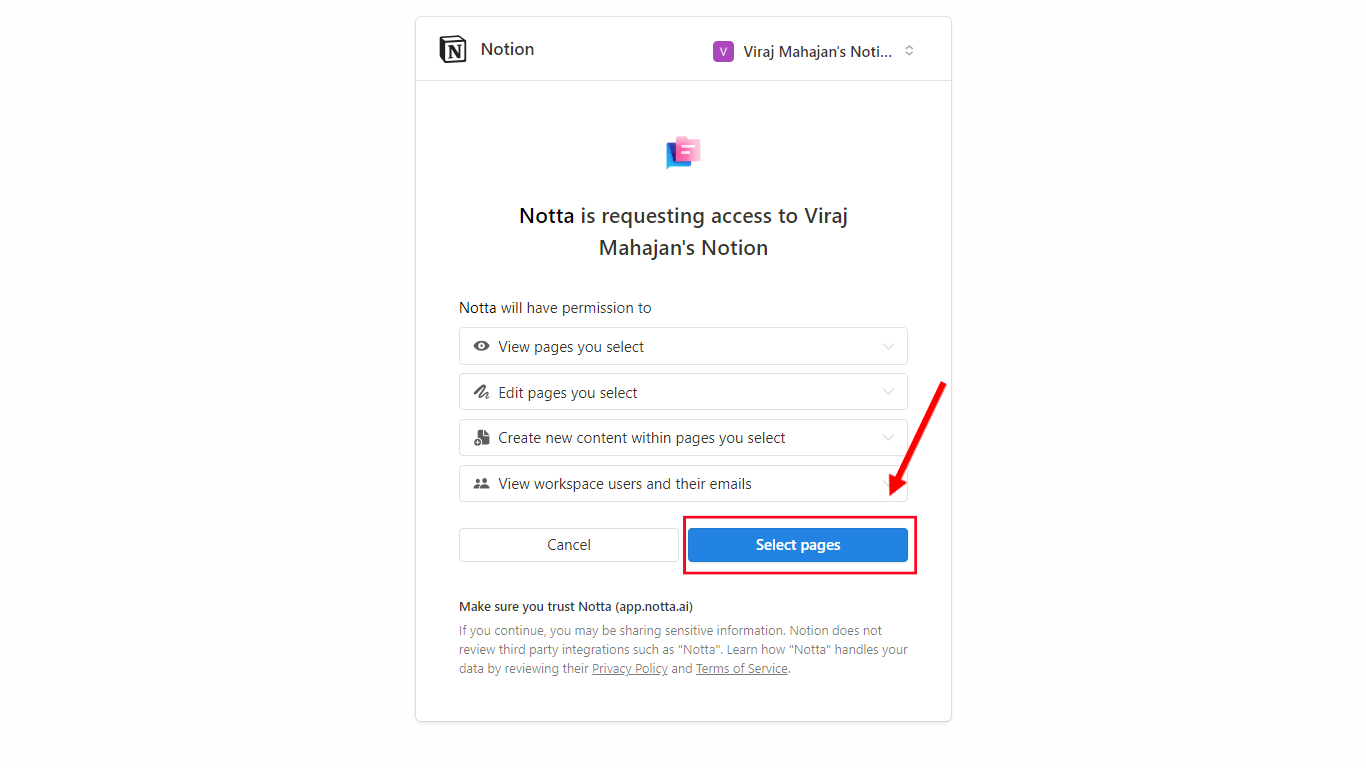 Click the Select Pages option followed by Allow Access