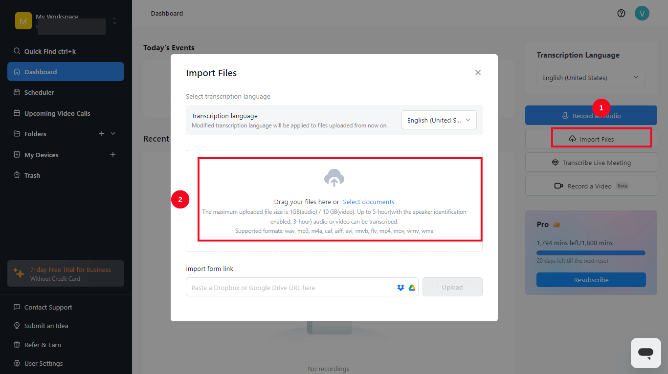 Select import file and add downloaded meeting recording