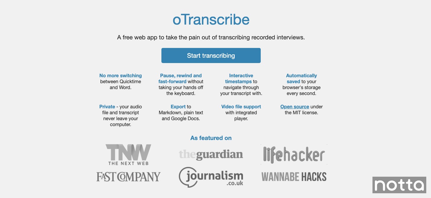 The oTranscribe Homepage