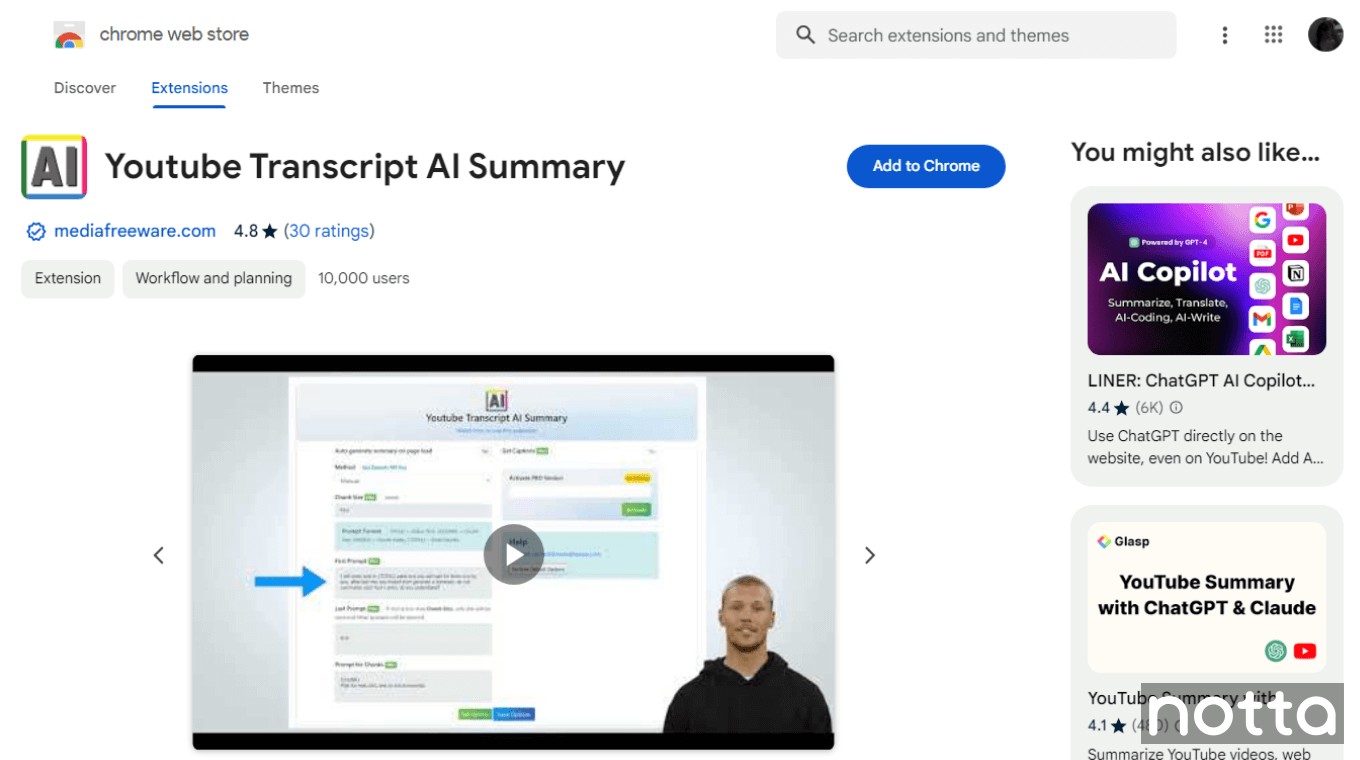YouTube Transcript AI Summary Chrome extension for summaries