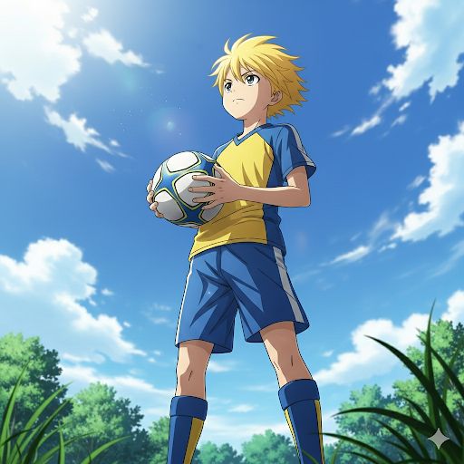 公園でサッカーボールを持って立っている金髪の少年。アニメ風。全身を描写。下から見上げるローアングル視点。鮮やかな青と黄色の配色。澄んだ夏空と点在する雲。若さとエネルギーを強調するダイナミックな構図。柔らかな光とやさしい影。緑の芝生と木々の背景を細かく描写。高精細でシャープな描写。シネマティックな雰囲気。