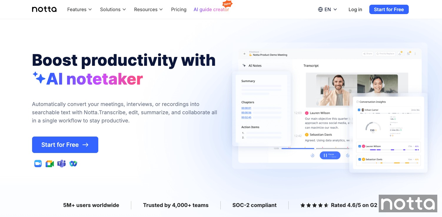 Notta AI meeting notetaker homepage