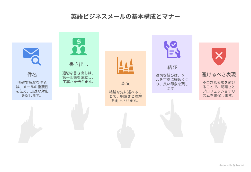英語ビジネスメールの基本構成とマナーを解説したインフォグラフィック。件名、書き出し、本文、結び、避けるべき表現の5項目がアイコン付きで説明され、適切なメール作成のポイントがわかりやすくまとめられている。