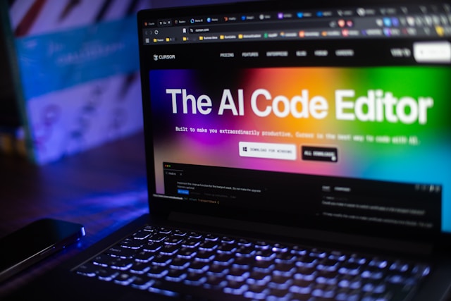 カラフルな画面に「The AI Code Editor」と表示されたノートパソコンが光り、Cursor 2.0のAIコードエディタを象徴する写真