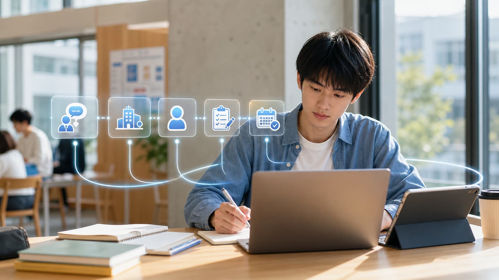 採用業務効率化のイメージ図。面接記録、評価シート、レポート作成をAIで自動化する様子を表現