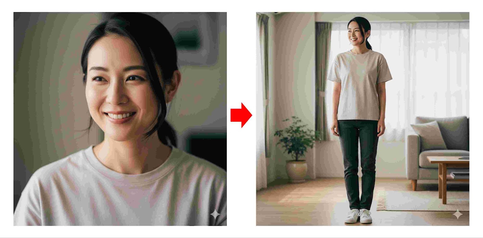 構図変更や複数画像の合成。「全身が映るように引いて」と指示した画像