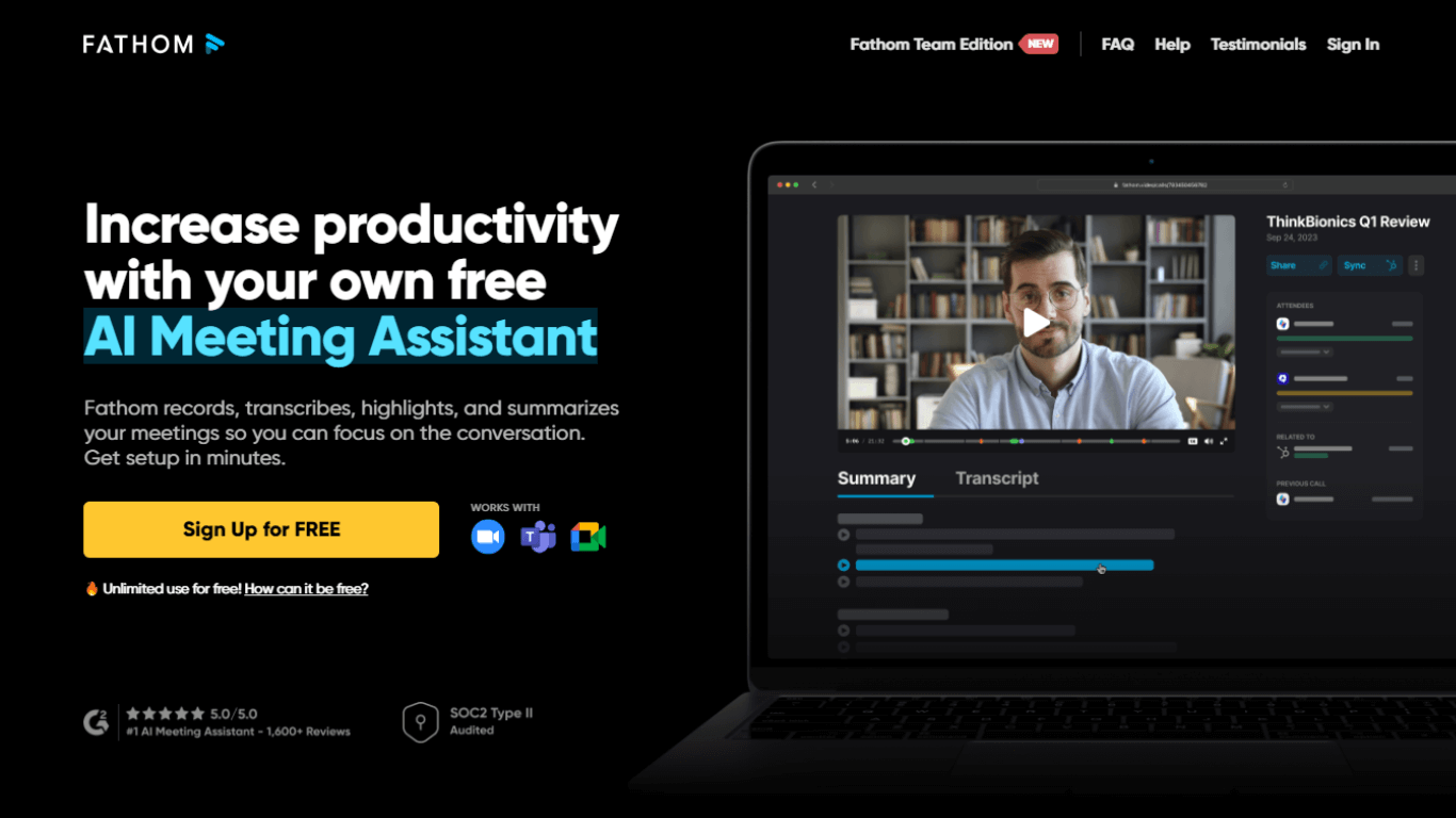 Fathom AI meeting notetaker homepage