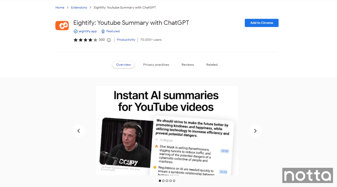 Eightify summarizer for YouTube videos