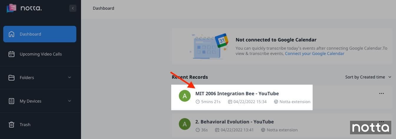 Notta dashboard and refresh the page