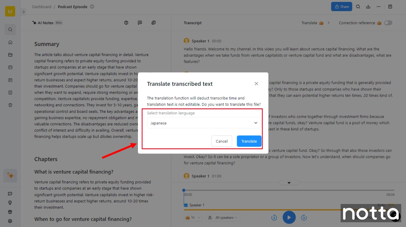 Choose the translation language and click Translate again