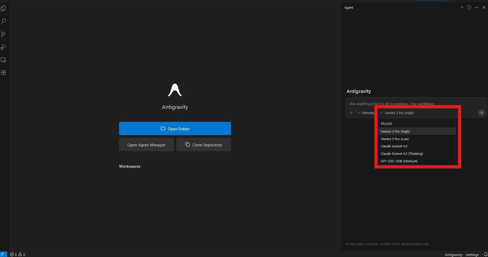 チャット欄のアイコンをクリックすると、使えるモデルが表示されます。