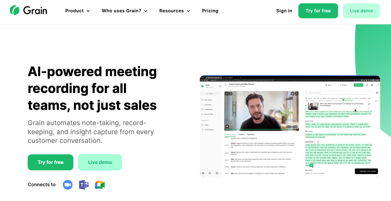 Screenshot of the Grain homepage