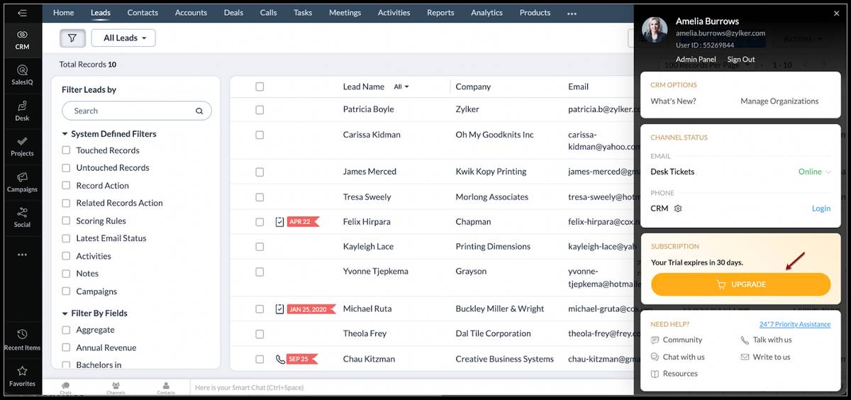 Zoho CRM Plusのアカウントアップグレード