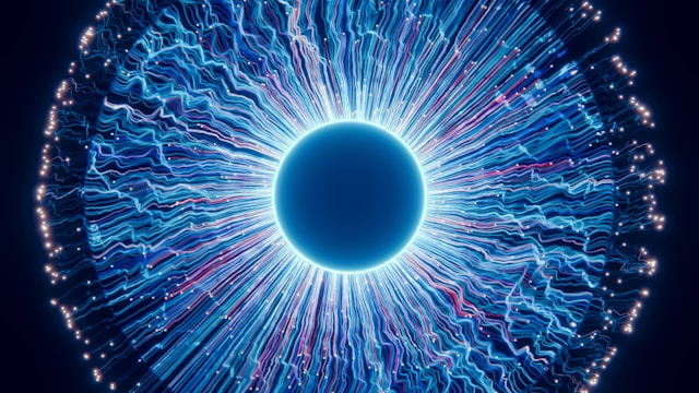 青い光の円から無数のラインが放射状に広がるエネルギッシュなビジュアル。Imagine v0.9の動画生成プロセスやGrok ImagineのマルチモーダルAIが持つエネルギーと躍動感を象徴している。