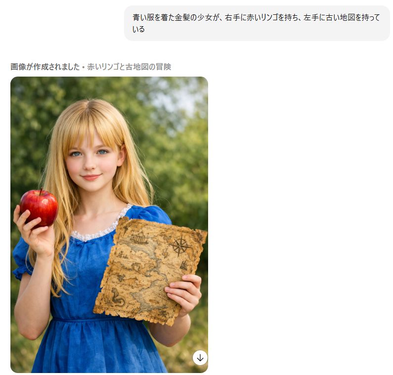 「青い服を着た金髪の少女が、右手に赤いリンゴを持ち、左手に古い地図を持っている」といった複合的な指示を出しても正確な画像を生成できる