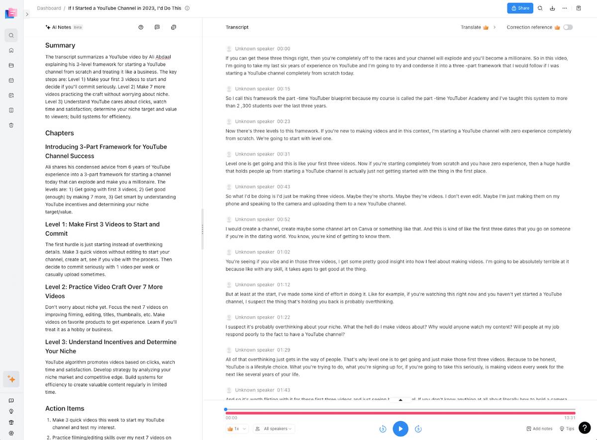Screenshot of a Notta transcript with summary and chapters