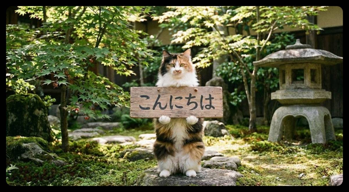 『こんにちは』と書かれた看板を持った猫