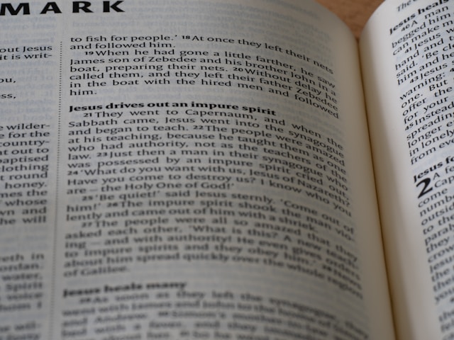 開いた本のページを指で押さえながら読み進める様子。翻訳アプリと併せて紙の辞書や教本でデンマーク語を学習することの重要さを表現しています。