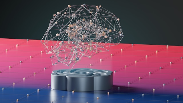 複雑な神経回路を表現した3Dモデルが土台の上で浮かんでいるイメージ。NotebookLMとGeminiに搭載されたAI技術の仕組みや違いを象徴するビジュアル。