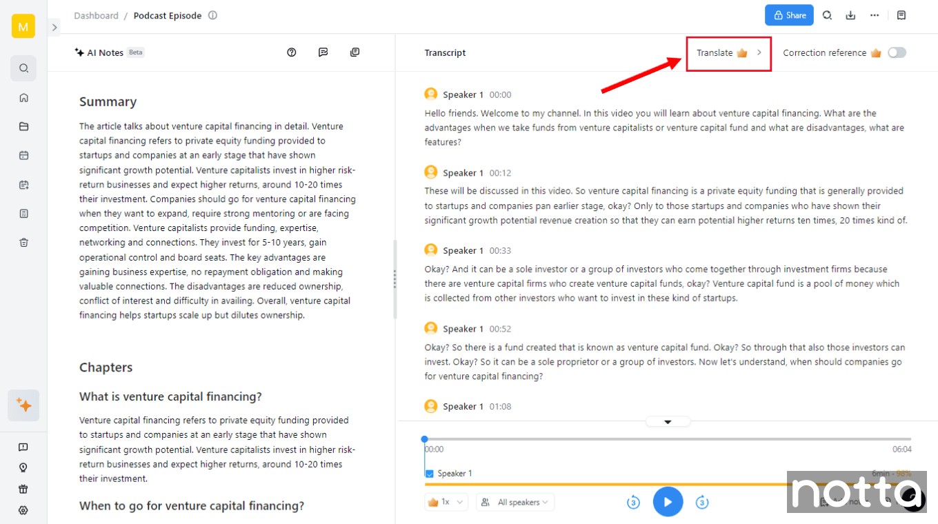 Open the transcribed file and select Translate