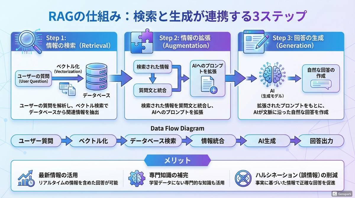 図解でわかるRAGの仕組み｜検索と生成が連携する3ステップ
