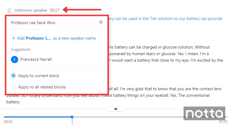 Rename speakers in the transcript by clicking the name