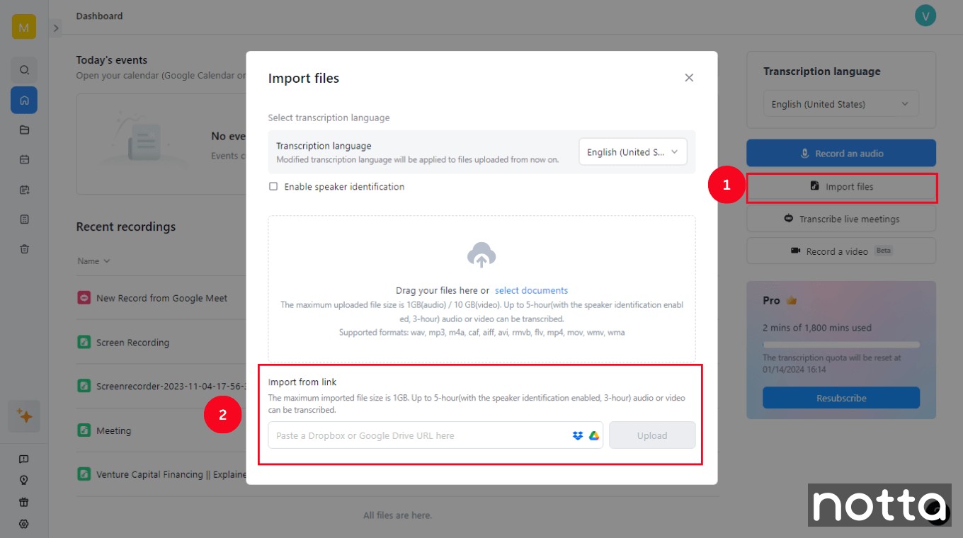 Click Import Files and paste the YouTube video link