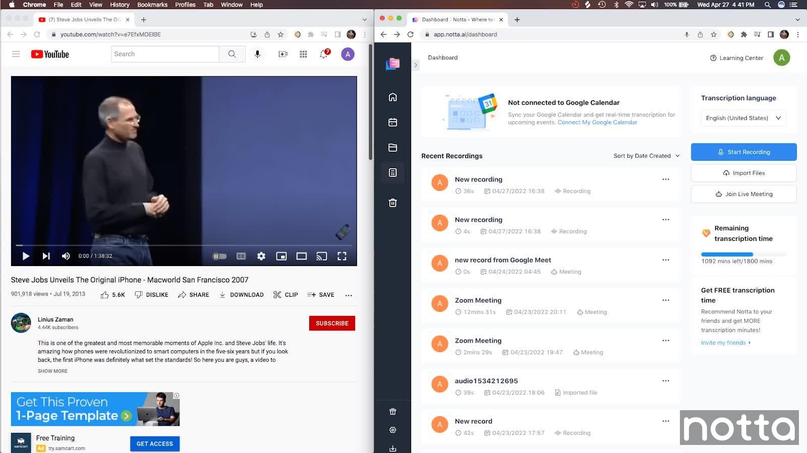open your Notta Dashboard