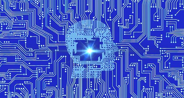 青いプリント基板のパターンの中に人間の頭部のシルエットが描かれ、中央に星のような光が輝いている。Google AntigravityのAIが電子回路のように複雑なタスクを処理するイメージとして適したビジュアルです。