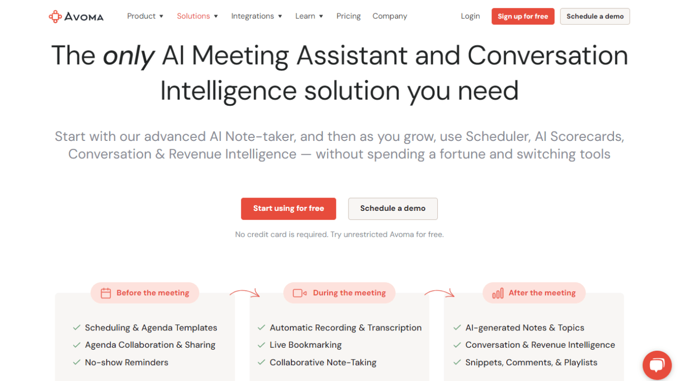 Screenshot of the Avoma homepage