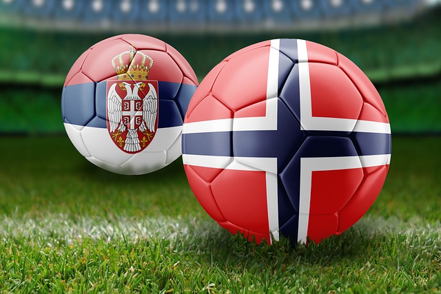 セルビアとノルウェーの国旗が描かれたサッカーボール。セルビア語翻訳アプリの記事でスポーツ文化や国際交流を象徴するイメージ。