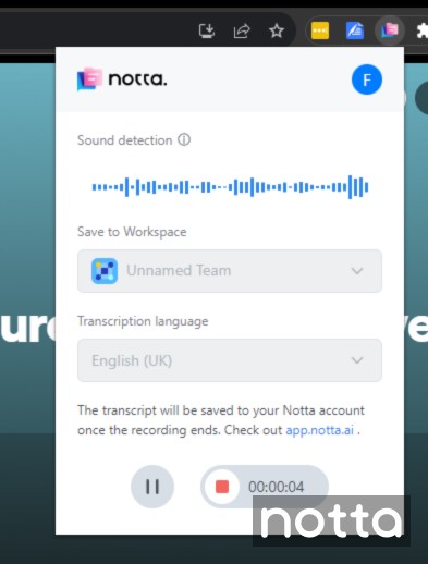 Detected audio shows up in your Notta Chrome extension as a waveform