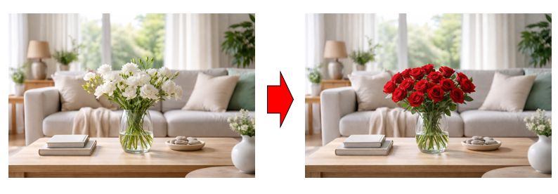 リビングの画像に対して「テーブルの上の花瓶を赤いバラに変えて」と指示した場合、テーブルの木目や背景のソファ、照明の当たり方などは一切変更されません。
