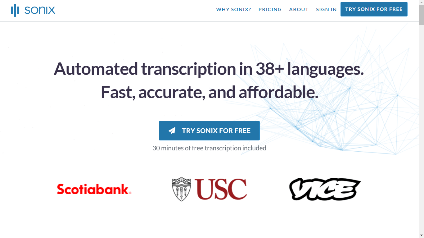 Screenshot of the Sonix homepage