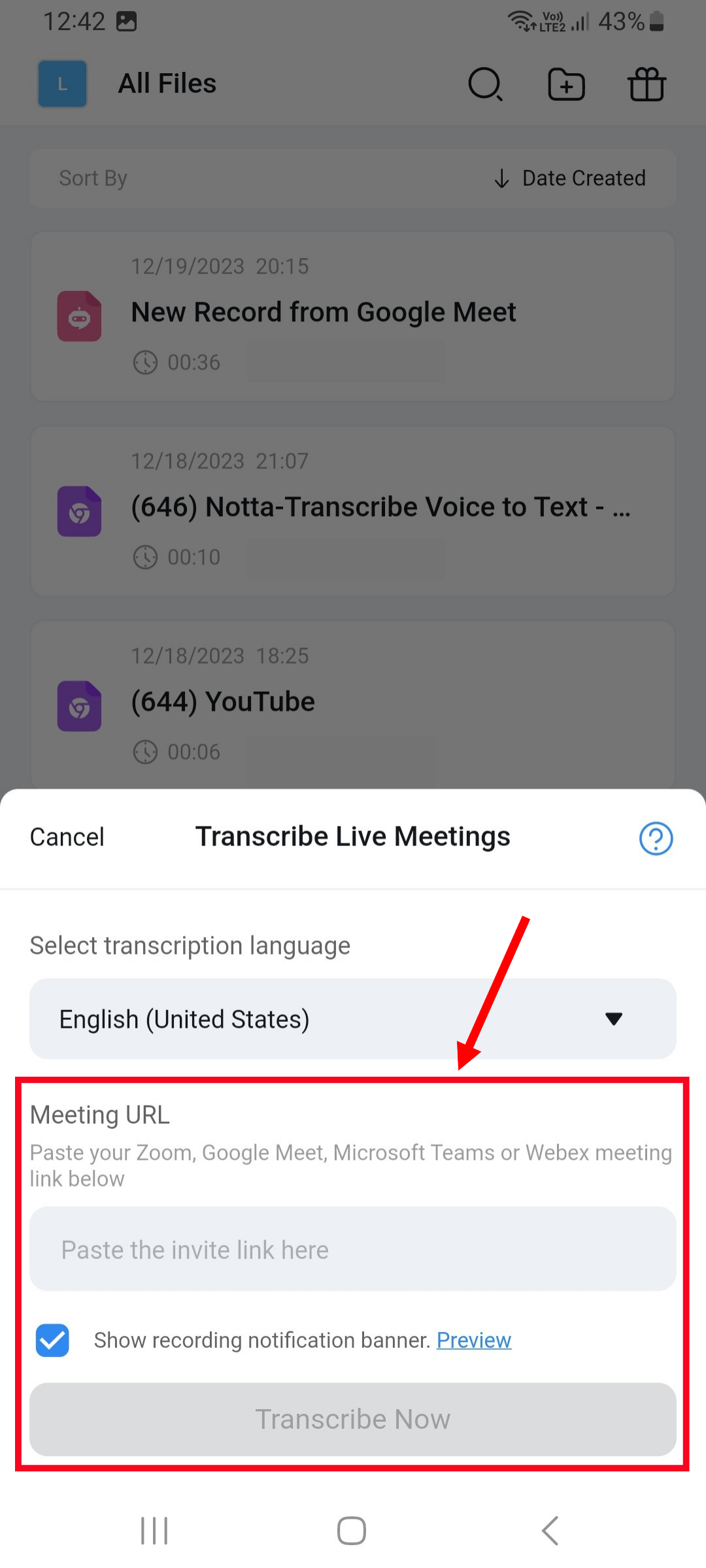 Select Live Meetings Transcription and paste the meeting URL