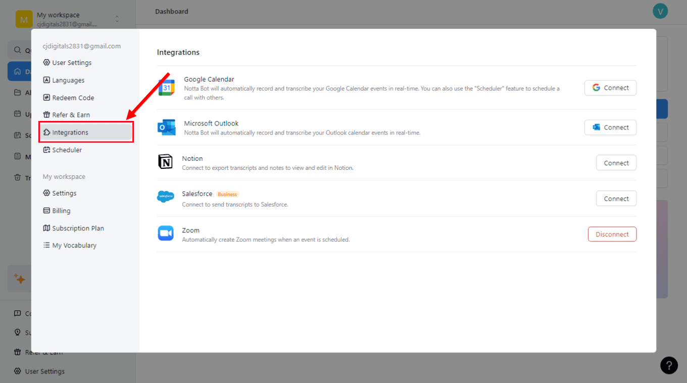 Click Integrations to connect Notta with Google Calendar or Microsoft Outlook