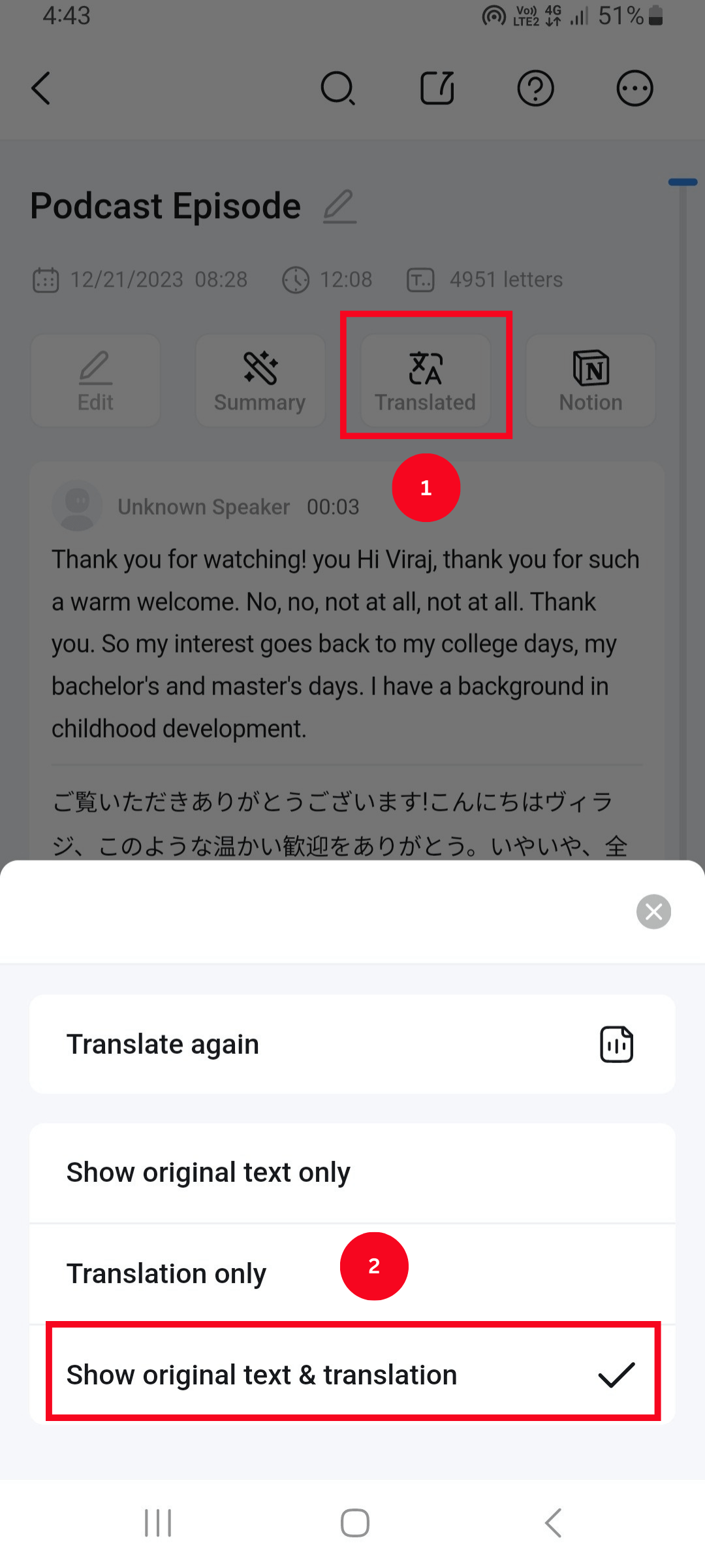 Click the Translated option and choose Show Original Text & Translation