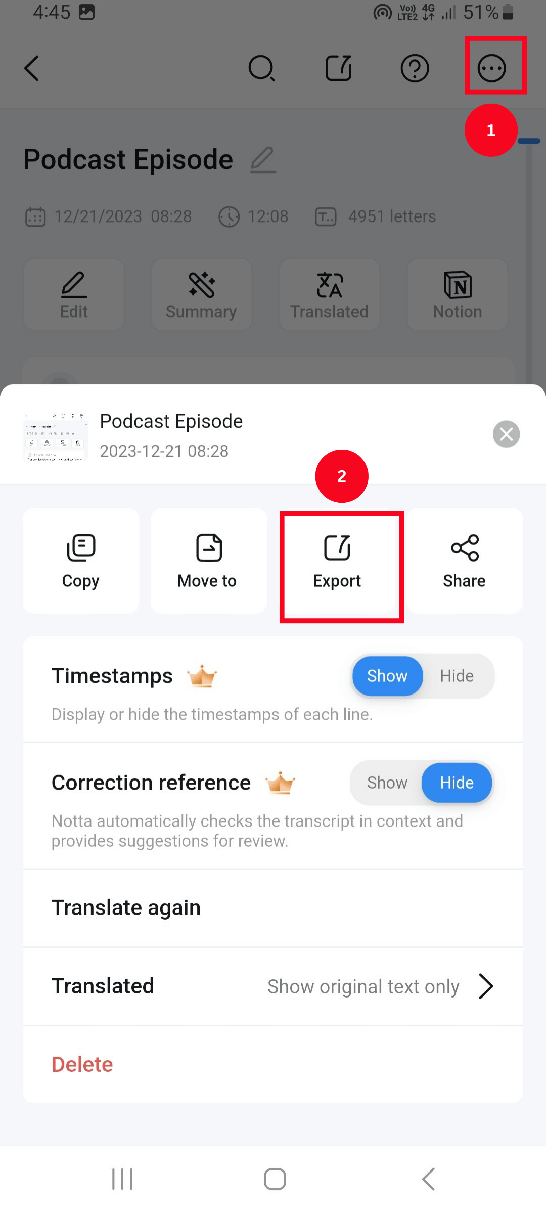 Click the three dots and select the Export option