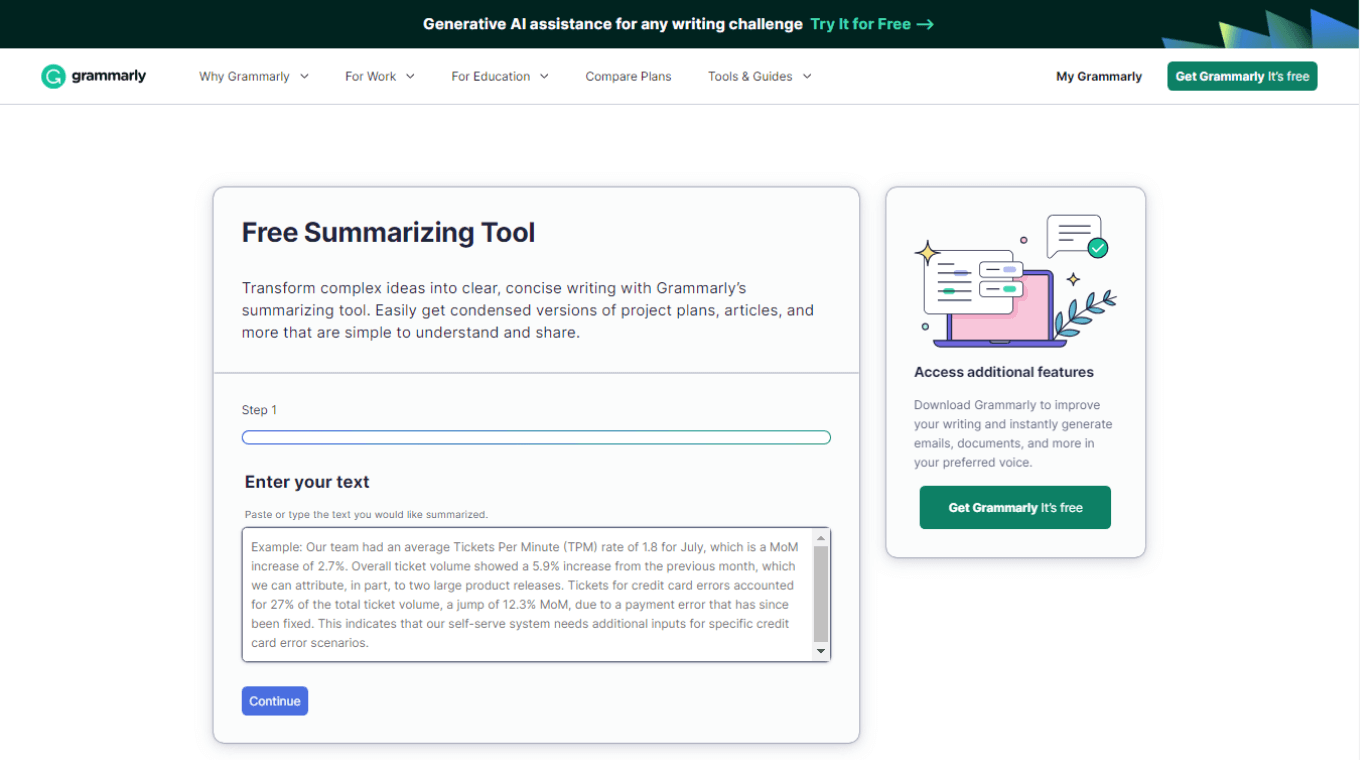 Grammarly free summarizing tool