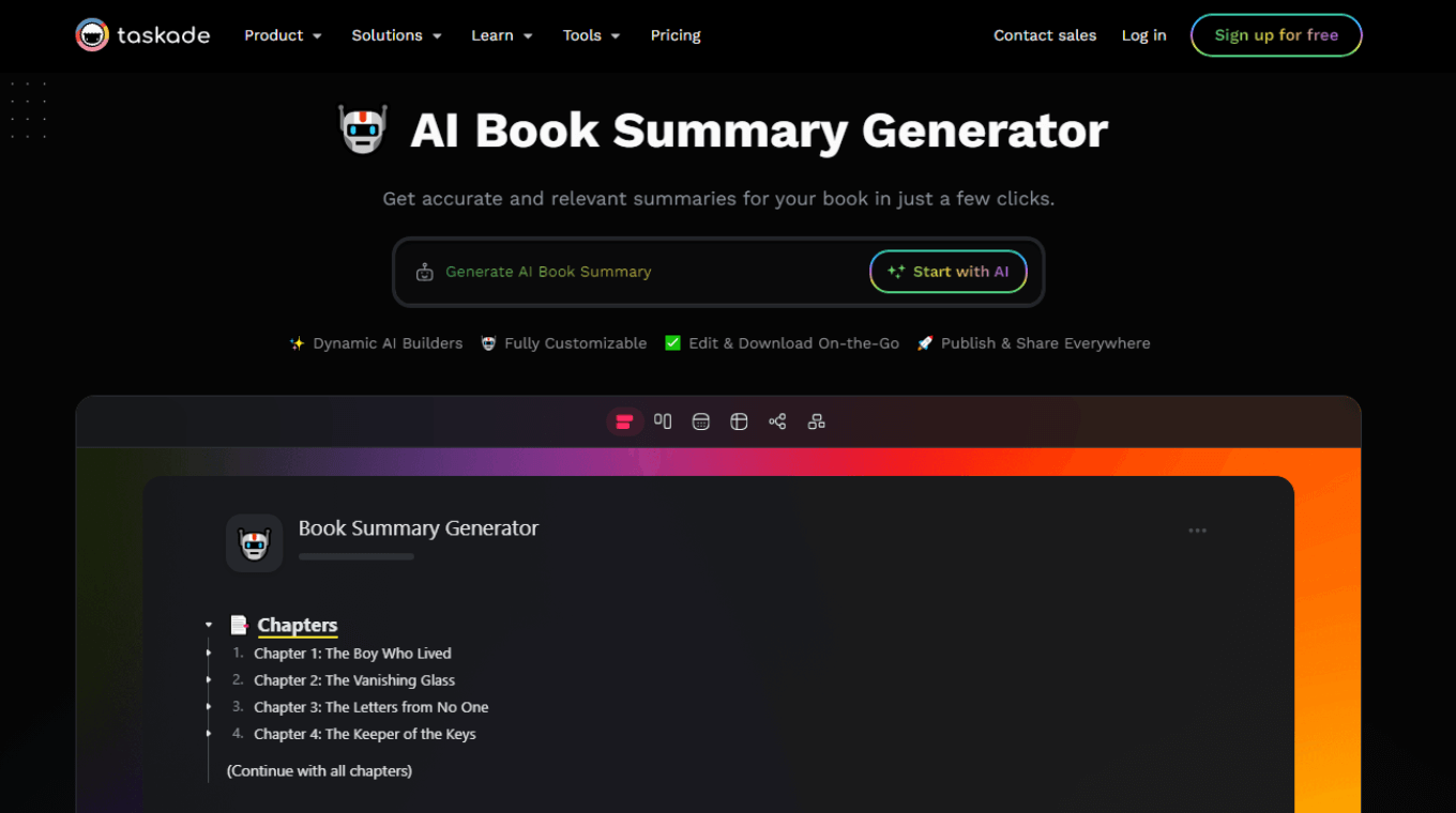Taskade AI online book summary generator