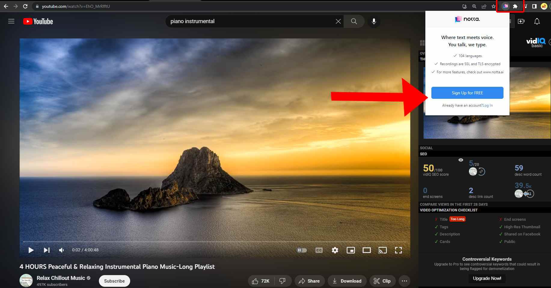 open Youtube video and select Notta extension